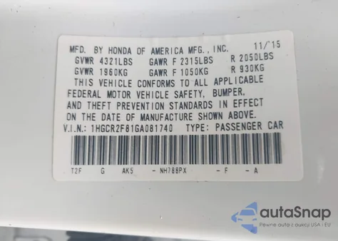 2016 Honda Accord Ex-L from USA, damaged, VIN 1HGCR2F81GA081740